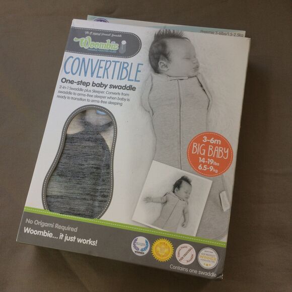 NEW Woombie Swaddle Convertible (Arms in or Out) Zipper Gray 3-6 M 14-19lb - Picture 2 of 7
